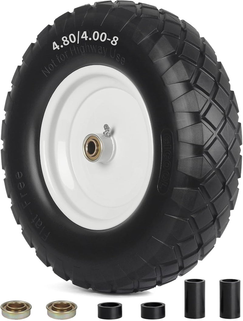 GICOOL 4.80/4.00-8" Wheelbarrow Tire, 16" Flat-Free Solid Tire and Wheel, 3-6" Centered Hub, 5/8" & 3/4" Bearing, For Broadcast Spreader Garden Wagon Cart Trolley Dolly (1 Pack) - Image 1